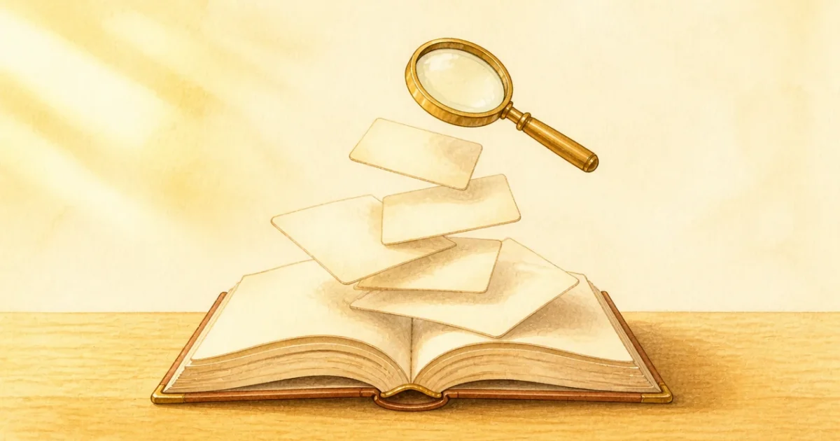 開いた専門書から浮かぶ知識カードを真鍮の拡大鏡で読み取る明るい水彩イラスト