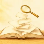 開いた専門書から浮かぶ知識カードを真鍮の拡大鏡で読み取る明るい水彩イラスト