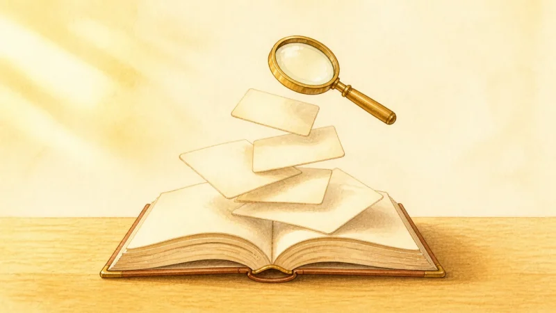 開いた専門書から浮かぶ知識カードを真鍮の拡大鏡で読み取る明るい水彩イラスト