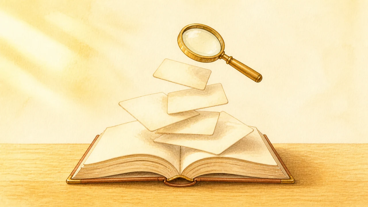 開いた専門書から浮かぶ知識カードを真鍮の拡大鏡で読み取る明るい水彩イラスト