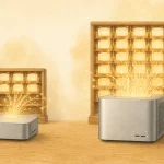 M6 Mac miniとMac Studioを、AI処理に使うメモリ棚の大きさで表現した水彩イラスト