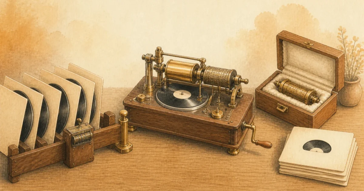レコードの書き出し制限と旧式の音楽生成装置の保存を表したイラスト