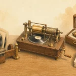 レコードの書き出し制限と旧式の音楽生成装置の保存を表したイラスト