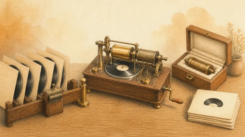 レコードの書き出し制限と旧式の音楽生成装置の保存を表したイラスト