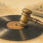 生成り色の紙の上で、黒いレコードに裁判槌が置かれている水彩画風のイメージ