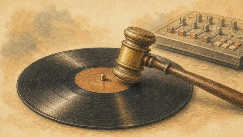 生成り色の紙の上で、黒いレコードに裁判槌が置かれている水彩画風のイメージ