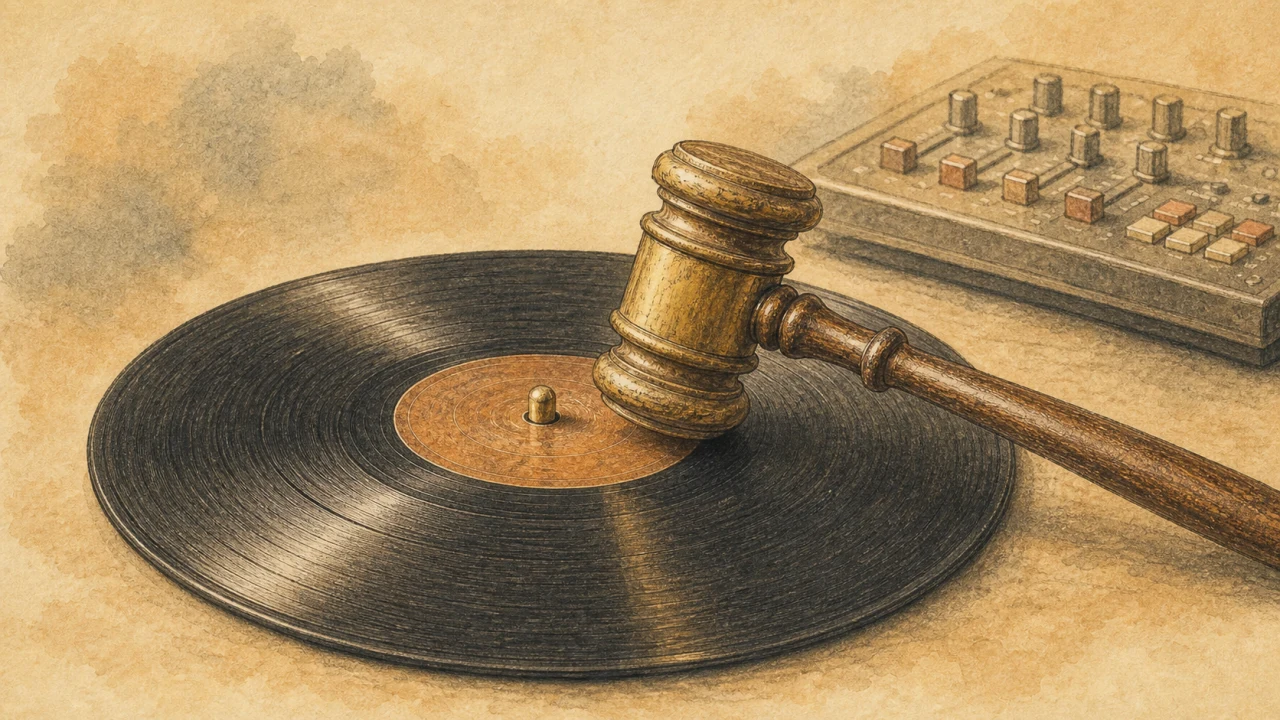 生成り色の紙の上で、黒いレコードに裁判槌が置かれている水彩画風のイメージ
