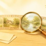 明るい木の机に並ぶフィルムの一場面を、真鍮の虫眼鏡で拡大している水彩イラスト