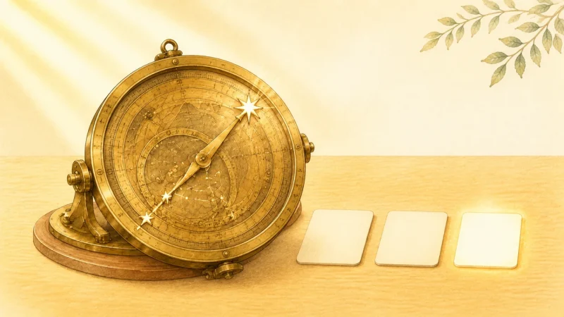 明るい木の机で、複数の星から一つの明るい星へ針を向ける真鍮の天体観測器と3枚の作業カードを描いた水彩イラスト
