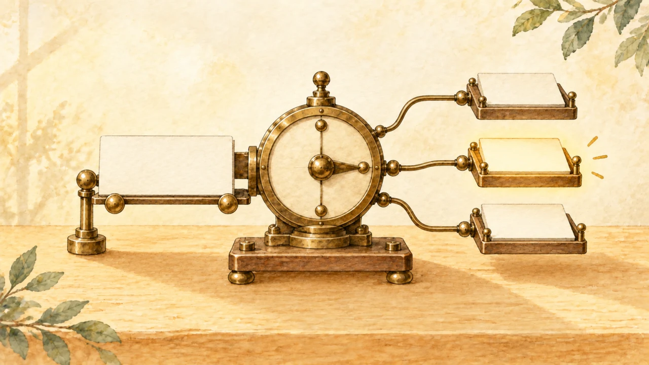 A bright brass decision machine selecting one of three output trays