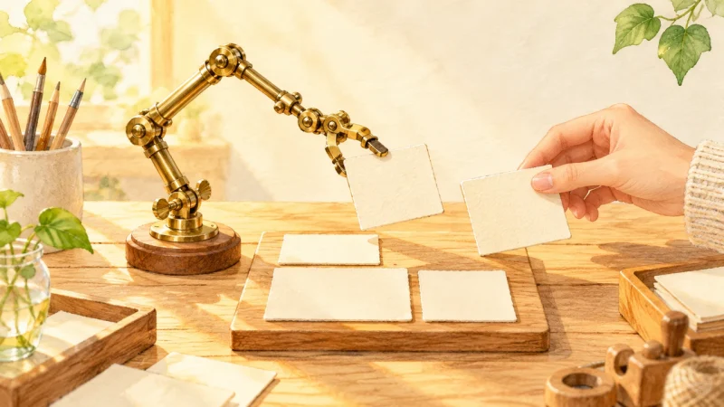 A brass robotic arm arranging paper cards on a wooden workbench, with a person's hand reviewing them.